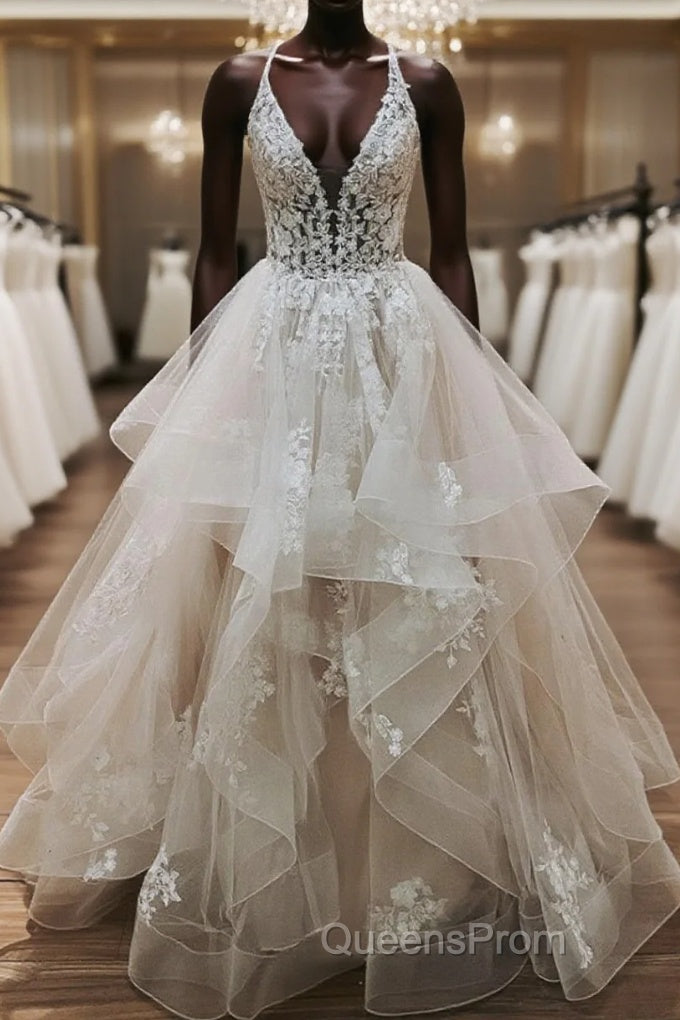 V Neck Backless Light Champagne Lace Wedding Dress, Open Back Champagne Lace Formal Evening Prom Dress Main image