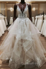 V Neck Backless Light Champagne Lace Wedding Dress, Open Back Champagne Lace Formal Evening Prom Dress