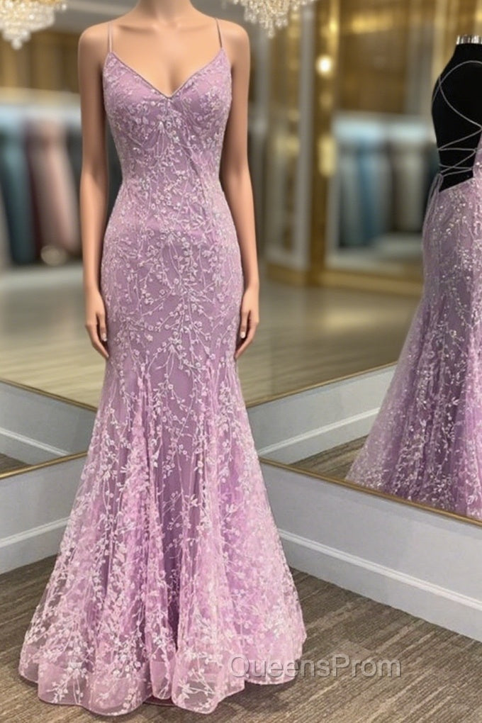 V Neck Backless Mermaid Purple Lace Long Evening Prom Dress, Mermaid Purple Formal Dress, Purple Lace Evening Dress Main image