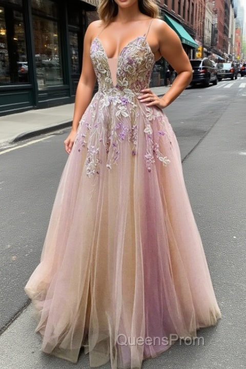 V Neck Backless Pink Lace Floral Long Evening Prom Dress, Pink Lace Formal Dress, Pink Evening Dress Main image