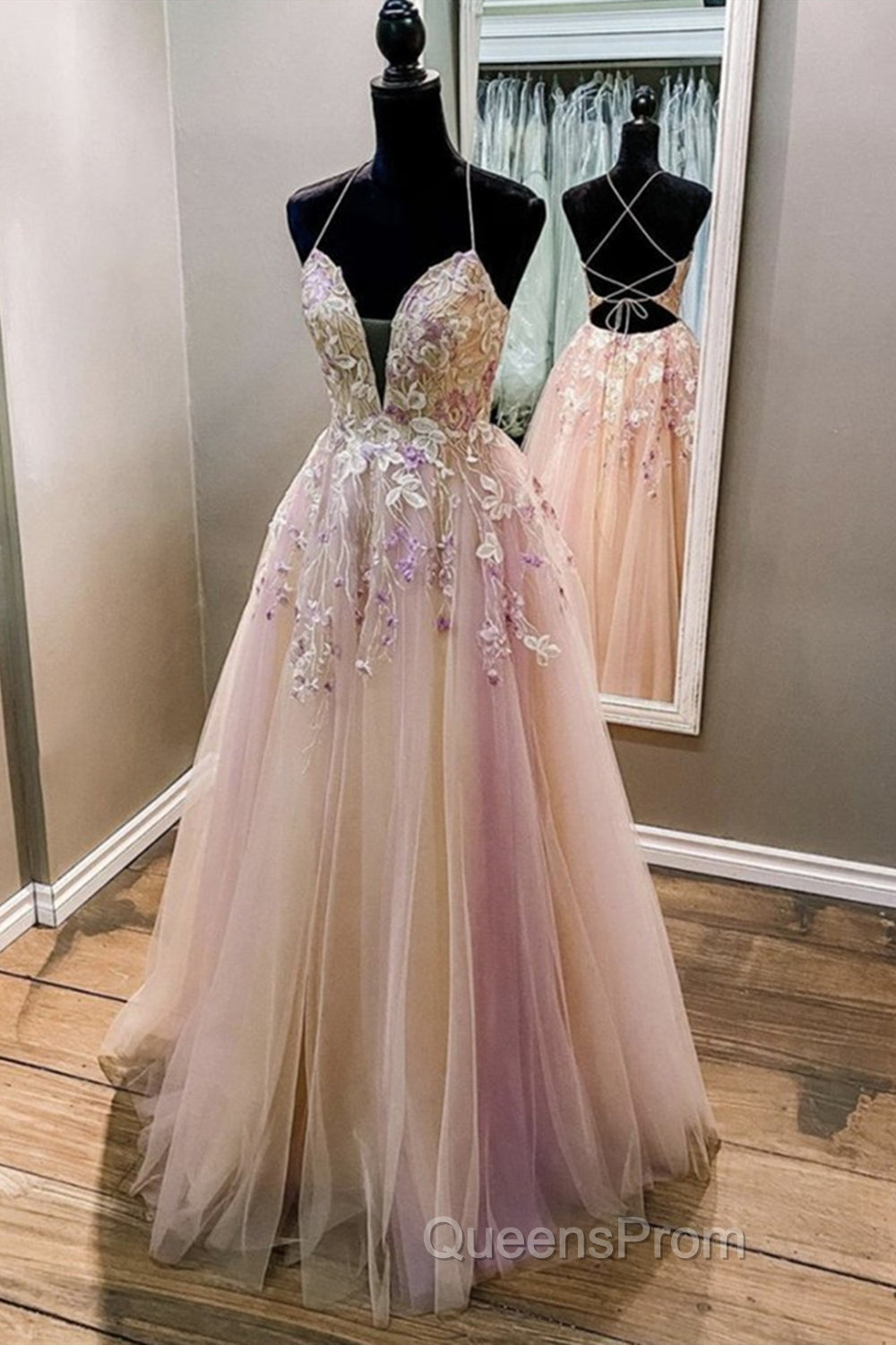 V Neck Backless Pink Lace Floral Long Evening Prom Dress, Pink Lace Formal Dress, Pink Evening Dress