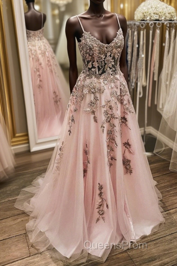 V Neck Backless Pink Lace Long Evening Prom Dress, Long Pink Lace Formal Evening Dress Main image