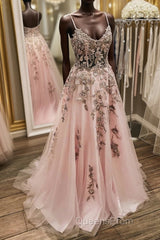 V Neck Backless Pink Lace Long Evening Prom Dress, Long Pink Lace Formal Evening Dress