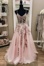 V Neck Backless Pink Lace Long Evening Prom Dress, Long Pink Lace Formal Evening Dress