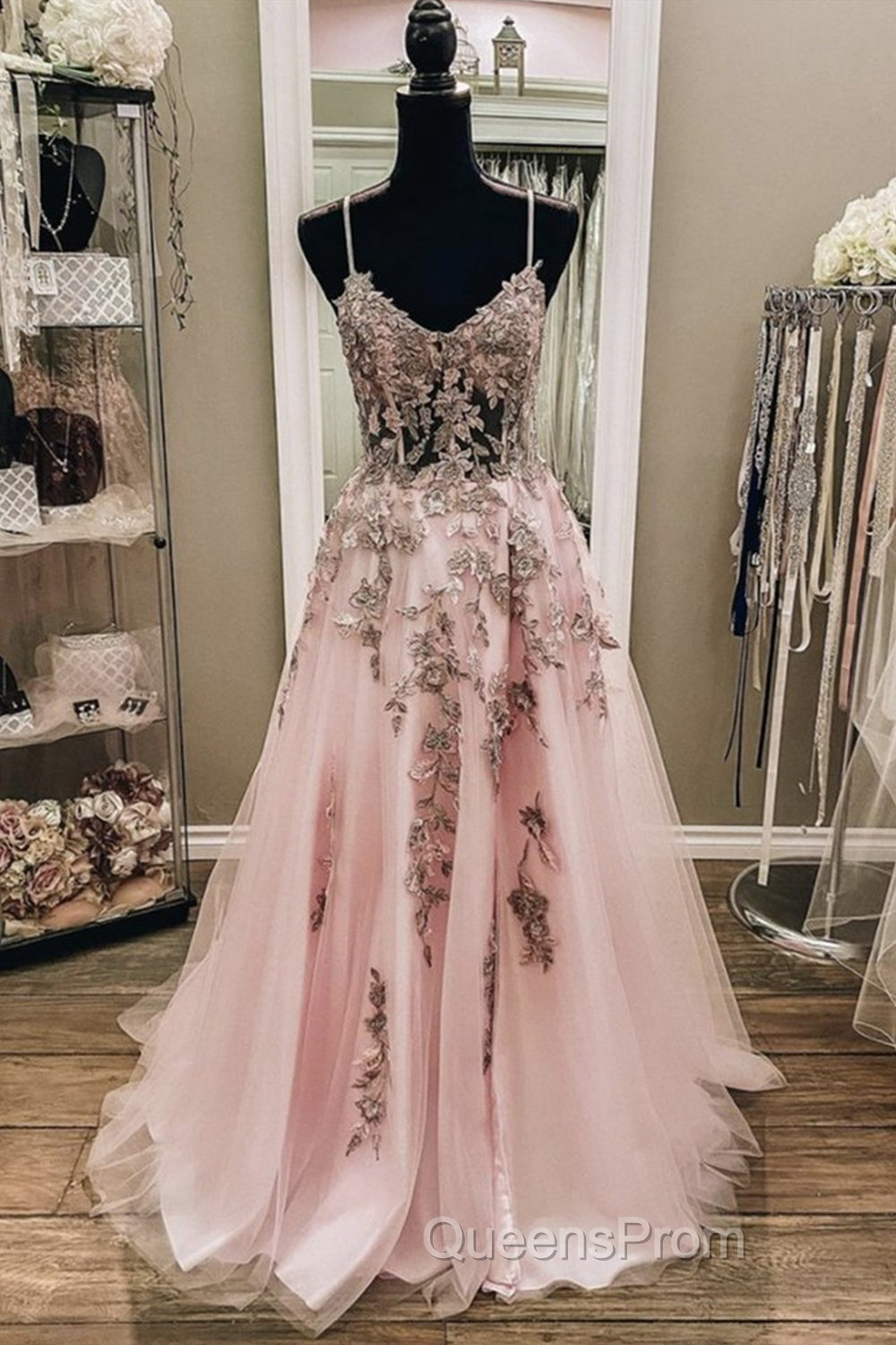 V Neck Backless Pink Lace Long Evening Prom Dress, Long Pink Lace Formal Evening Dress