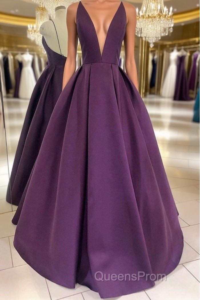 V Neck Backless Purple Satin Long Evening Prom Dress, Backless Purple Formal Dress, Purple Evening Dress Main image
