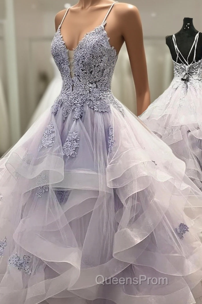 V Neck Backless Ruffles Appliques Tulle Blue Evening Prom Dress Main image