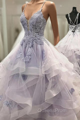 V Neck Backless Ruffles Appliques Tulle Blue Evening Prom Dress