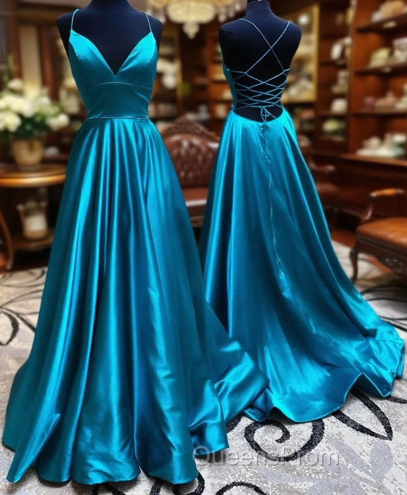 V Neck Backless Teal Long Evening Prom Dress, V Neck Open Back Blue Formal Evening Dress Main image
