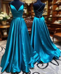 V Neck Backless Teal Long Evening Prom Dress, V Neck Open Back Blue Formal Evening Dress