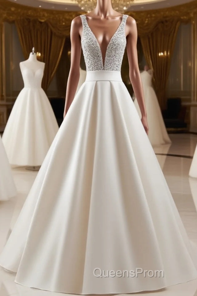 V Neck Backless White Evening Prom Dress With Beads, V Neck Formal Dress, White Evening Dress Main image
