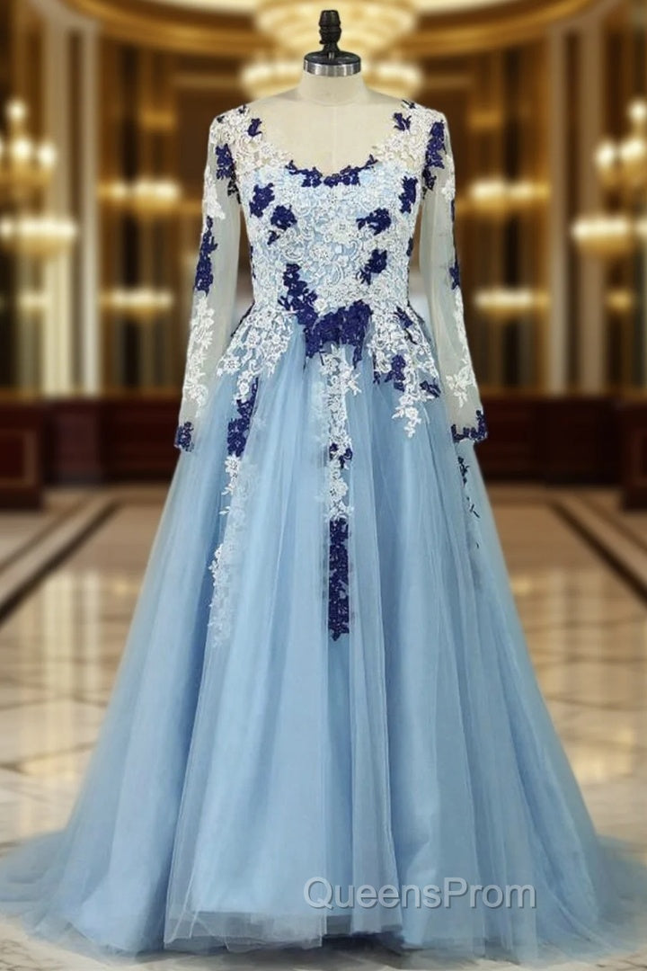 V-Neck Ball Gown Sweep Train Tulle Evening Prom Dress With Appliqued