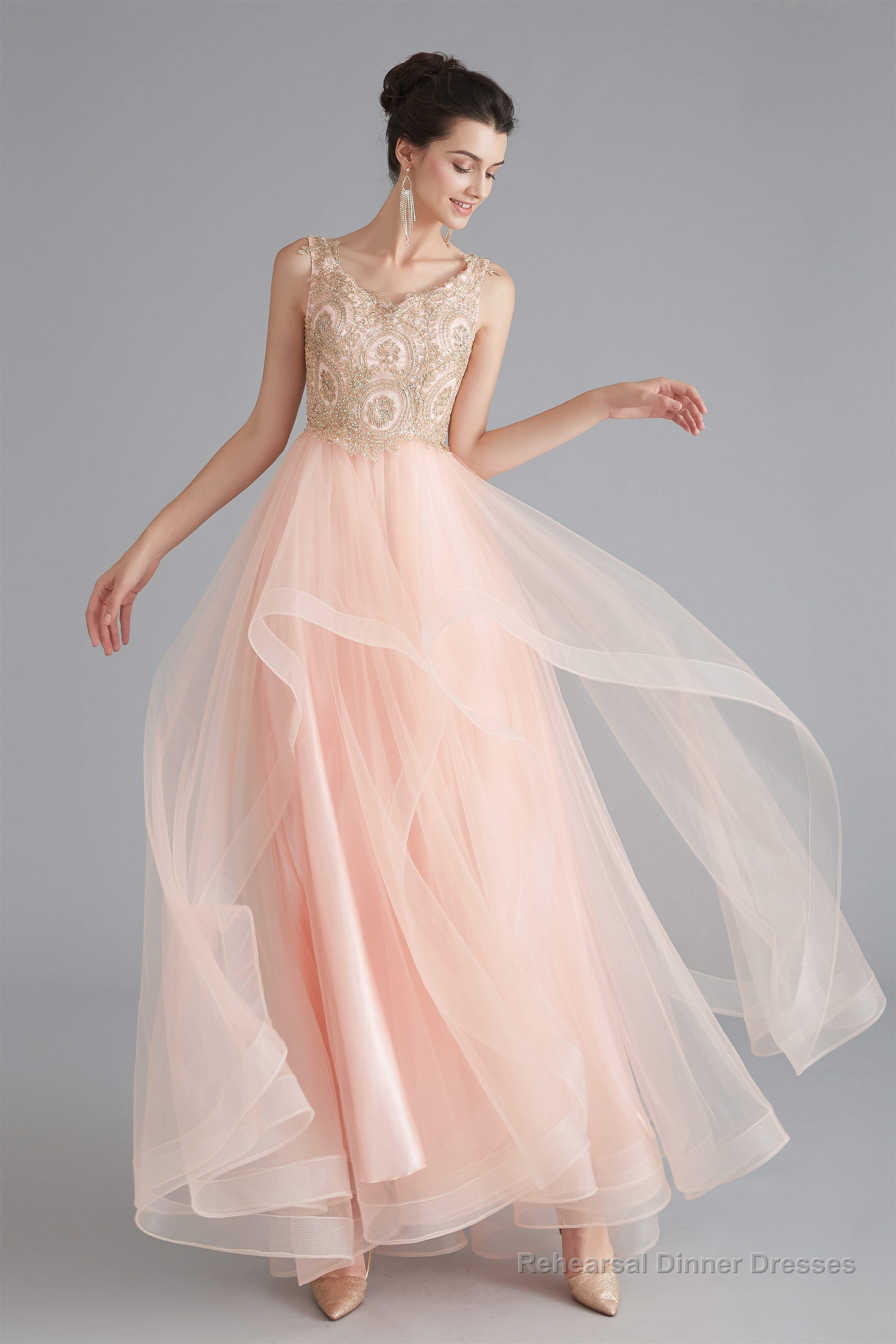 V-Neck Beaded Applique Asymmetrical Sleeveless Tulle Prom Dresses