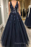 V Neck Beaded Black Lace Appliques Long Evening Prom Dress, Black Lace Formal Graduation Evening Dress