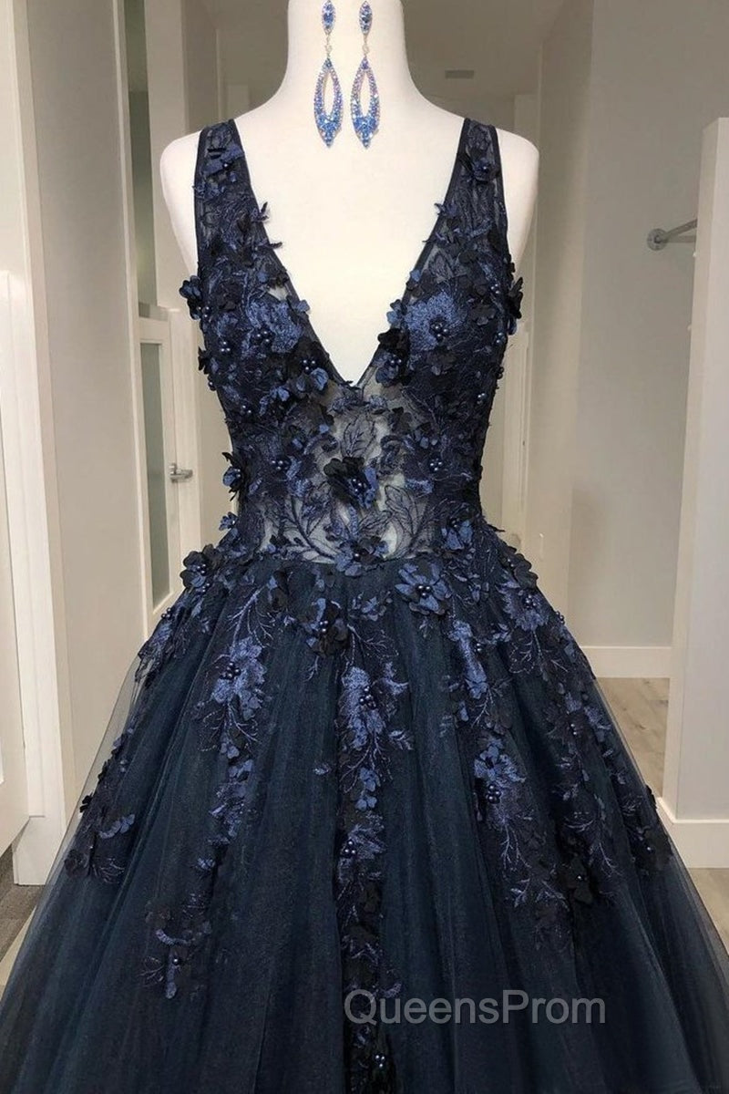 V Neck Beaded Black Lace Appliques Long Evening Prom Dress, Black Lace Formal Graduation Evening Dress Secondary image