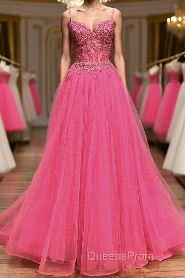 V Neck Beaded Hot Pink Lace Tulle Long Evening Prom Dress, Hot Pink Lace Formal Dress, Hot Pink Evening Dress Main image