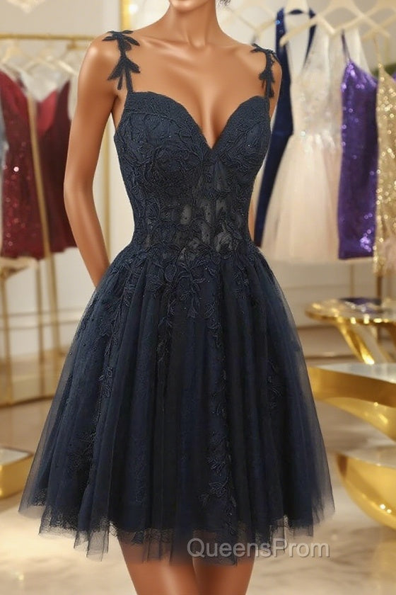 V Neck Beaded Navy Blue Lace Evening Prom Dress, Navy Blue Lace Homecoming Dress, Short Navy Blue Formal Graduation Evening Dress Main image
