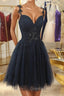 V Neck Beaded Navy Blue Lace Evening Prom Dress, Navy Blue Lace Homecoming Dress, Short Navy Blue Formal Graduation Evening Dress