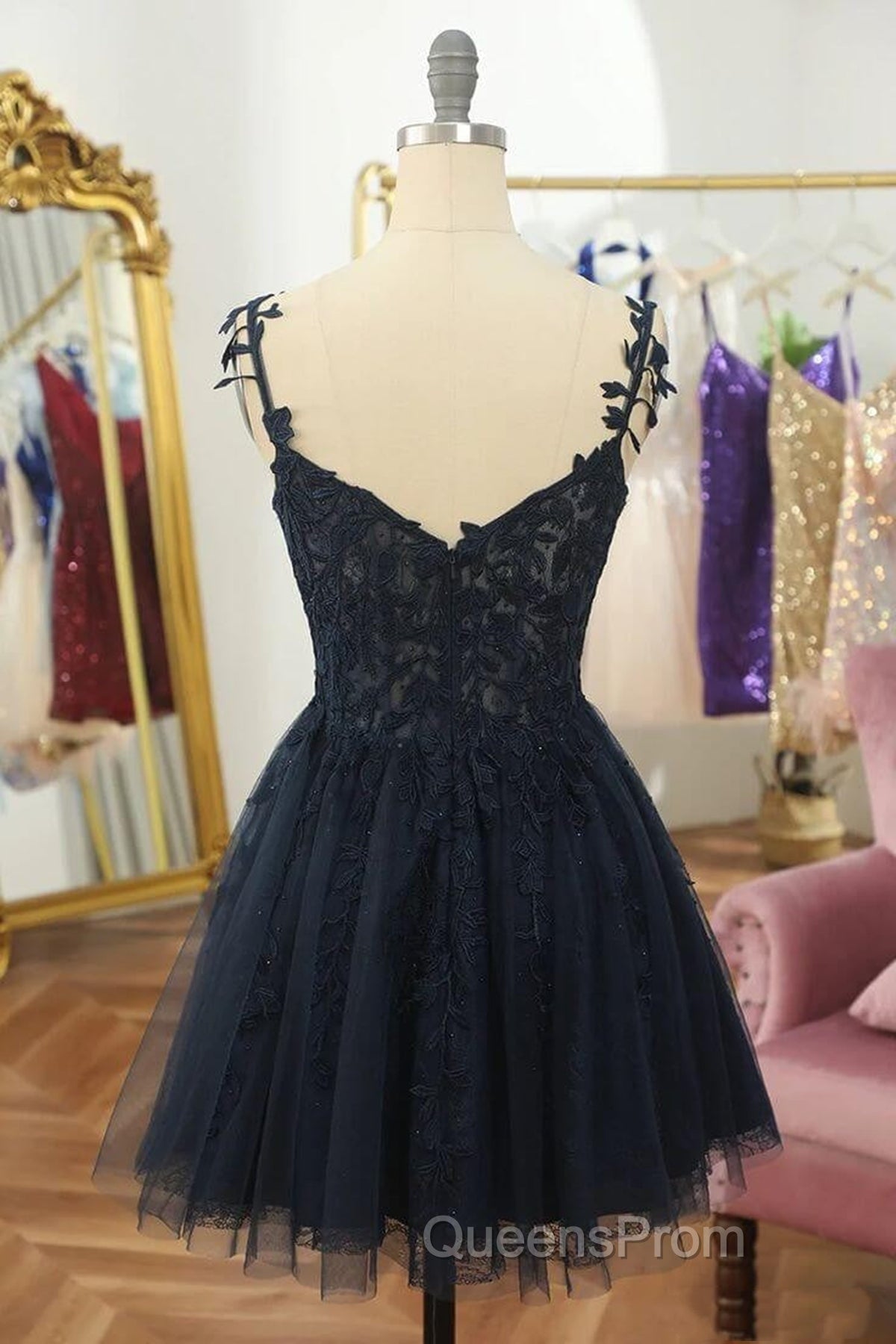 V Neck Beaded Navy Blue Lace Evening Prom Dress, Navy Blue Lace Homecoming Dress, Short Navy Blue Formal Graduation Evening Dress Secondary image