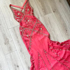 Fairytale Cream Beige/Black/Pink V Neck Sophisticated Elegant Floral Long Classy Evening Classy Prom Dress