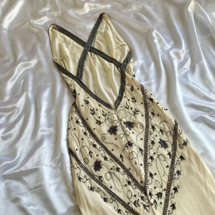 Fairytale Cream Beige/Black/Pink V Neck Sophisticated Elegant Floral Long Classy Evening Classy Prom Dress