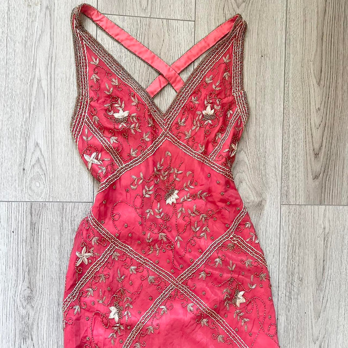 Fairytale Cream Beige/Black/Pink V Neck Sophisticated Elegant Floral Long Classy Evening Classy Prom Dress