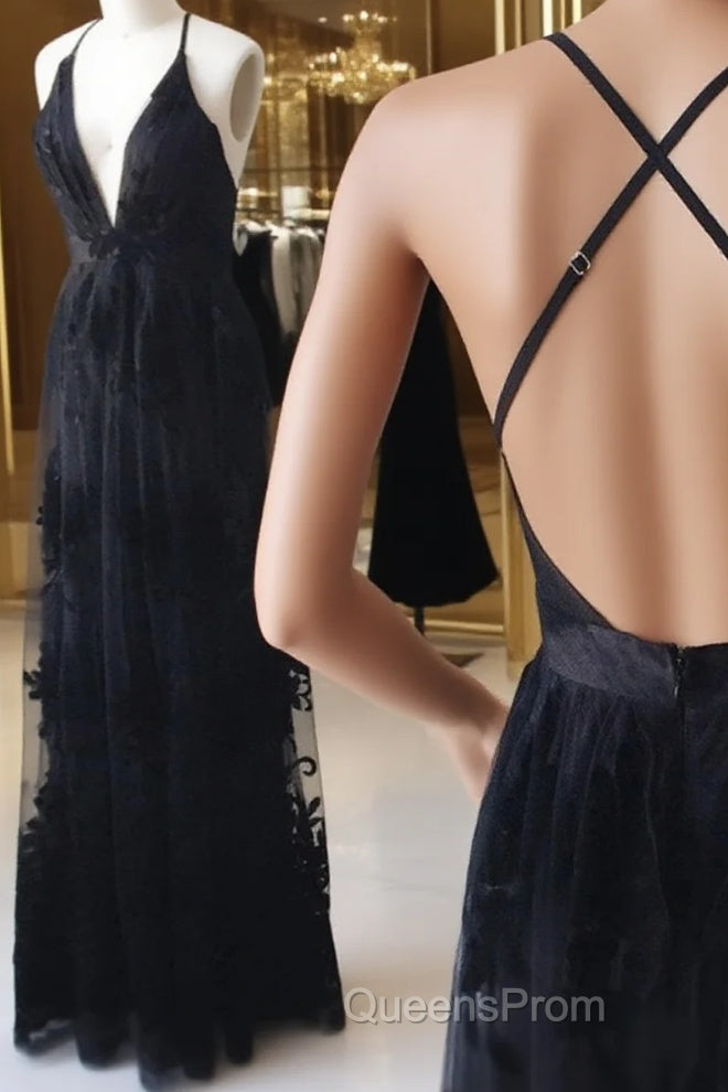 V Neck Black Backless Lace Evening Prom Dress, Open Back Black Lace Formal Evening Bridesmaid Dress Main image