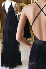 V Neck Black Backless Lace Evening Prom Dress, Open Back Black Lace Formal Evening Bridesmaid Dress