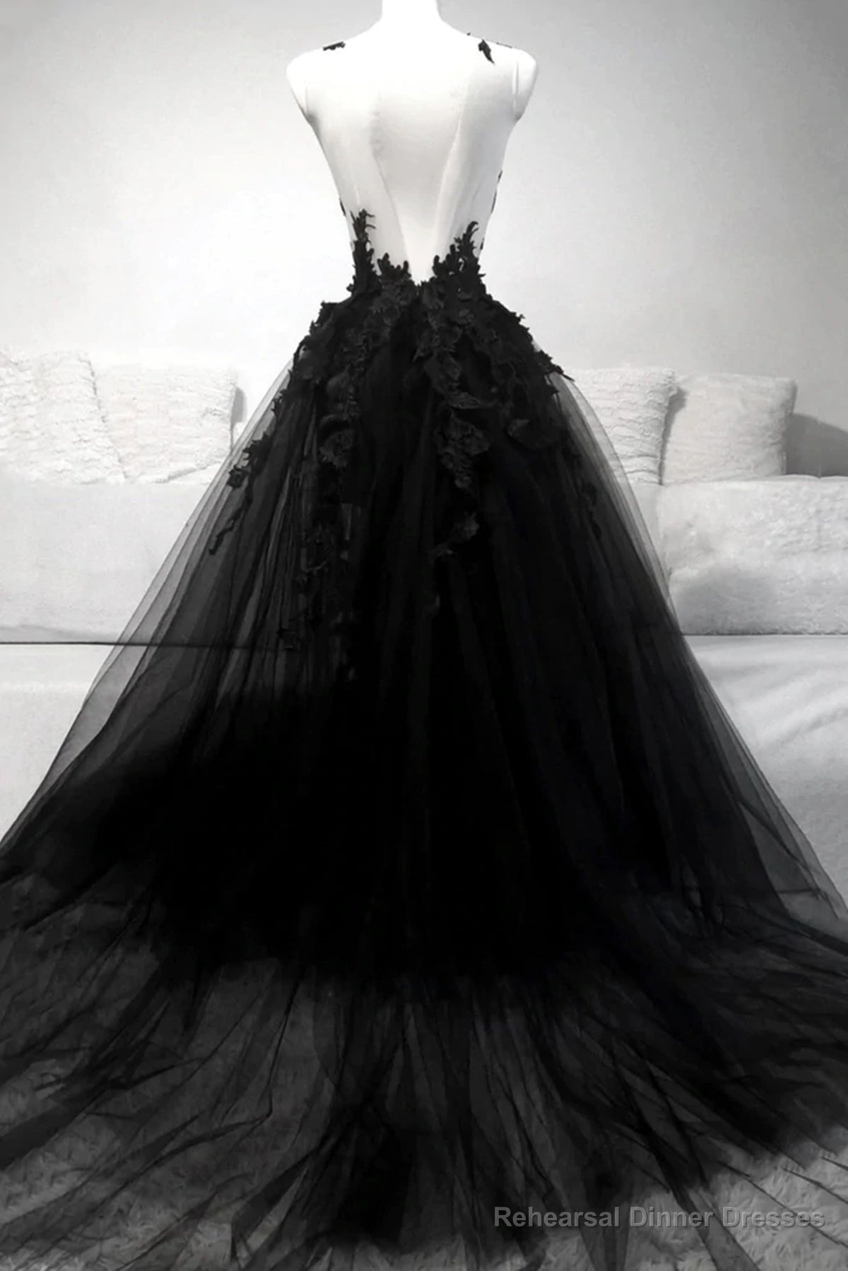 V Neck Black Lace Prom Dresses, Black V Neck Lace Formal Graduation Dresses Secondary image