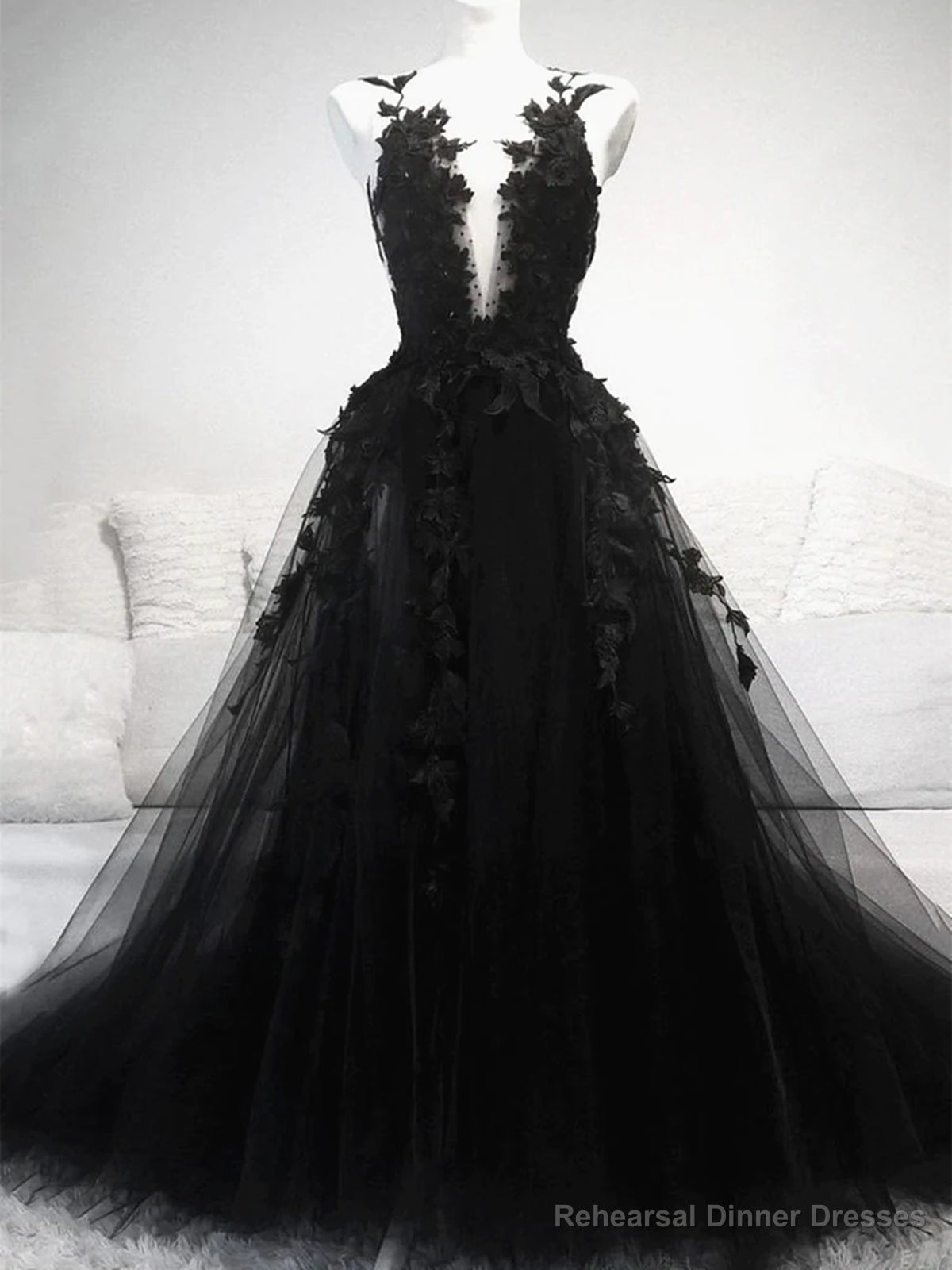 V Neck Black Lace Prom Dresses,Vintage Long Formal Graduation Dress Main image