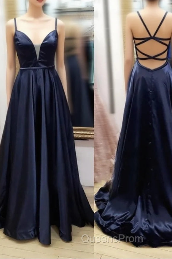 V Neck Black Satin Long Evening Prom Dress, Black V Neck Long Satin Formal Evening Dress Main image