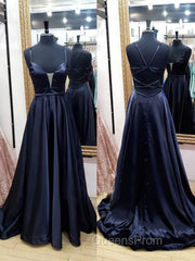 V Neck Black Satin Long Evening Prom Dress, Black V Neck Long Satin Formal Evening Dress