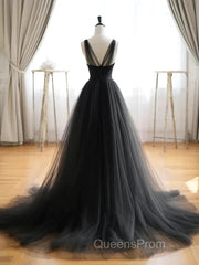 V Neck Black Tulle A Line Evening Prom Dress