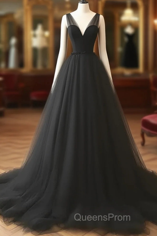 V Neck Black Tulle A Line Evening Prom Dress Main image