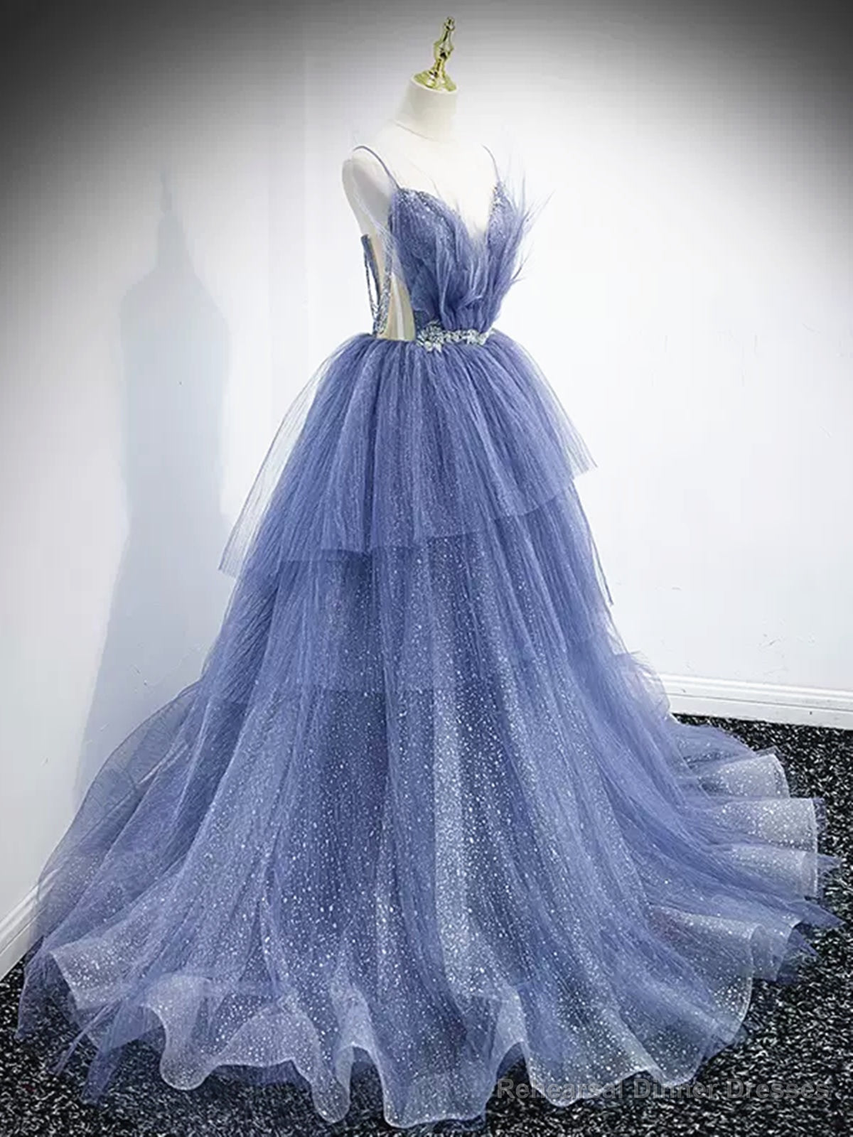 V Neck Blue Beaded Layered Long Prom Dresses, Blue High Low Formal Graduation Dresses Main image