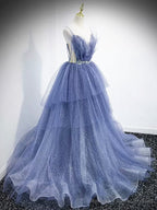V Neck Blue Beaded Layered Long Prom Dresses, Blue High Low Formal Graduation Dresses