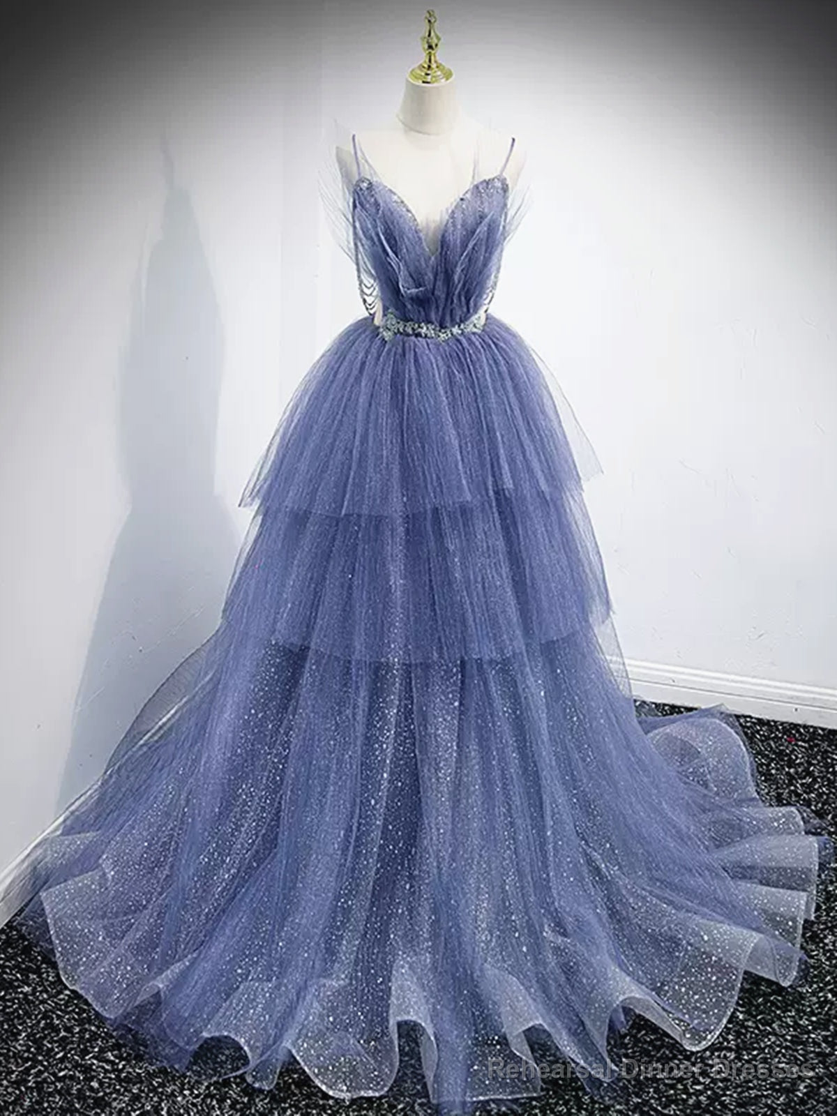 V Neck Blue Beaded Layered Long Prom Dresses, Blue High Low Formal Graduation Dresses Secondary image