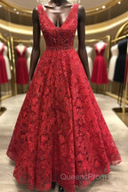 V Neck Burgundy Lace Long Evening Prom Dress, Burgundy Lace Formal Dress, Burgundy Evening Dress