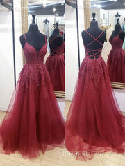 V Neck Burgundy Lace Evening Prom Dress Long, Wine Red V Neck Lace Long Formal Evening Dress