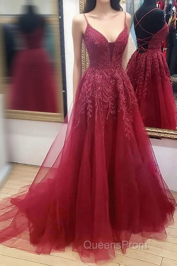 V Neck Burgundy Lace Evening Prom Dress Long, Wine Red V Neck Lace Long Formal Evening Dress Main image