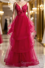 V Neck Burgundy Lace Evening Prom Dress, Wine Red Lace Formal Evening Graduation Dress