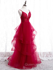 V Neck Burgundy Lace Evening Prom Dress, Wine Red Lace Formal Evening Graduation Dress