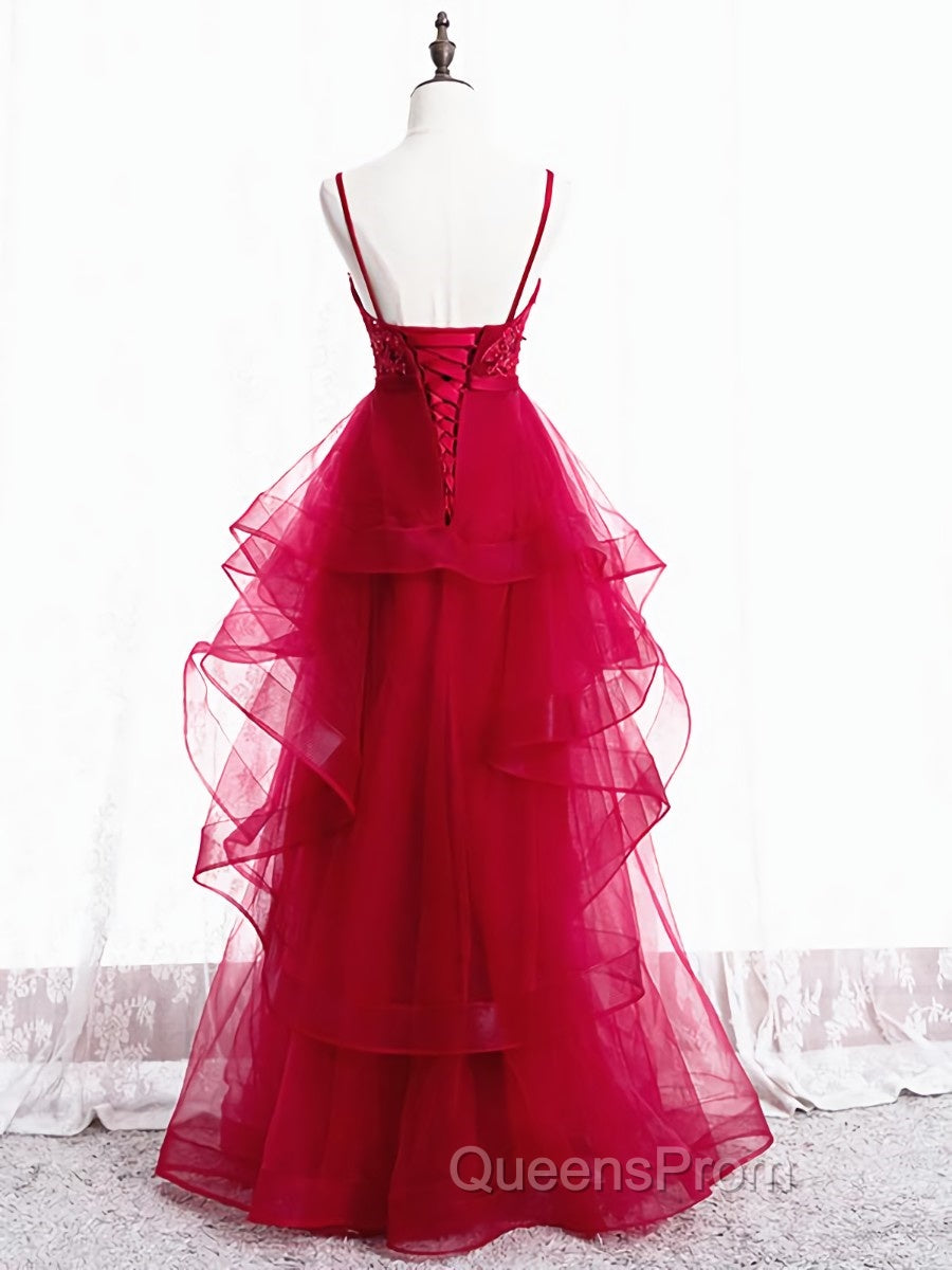 V Neck Burgundy Lace Evening Prom Dress, Wine Red Lace Formal Evening Graduation Dress