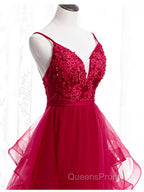 V Neck Burgundy Lace Evening Prom Dress, Wine Red Lace Formal Evening Graduation Dress