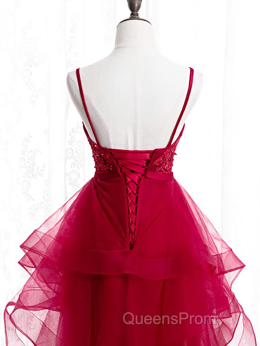 V Neck Burgundy Lace Evening Prom Dress, Wine Red Lace Formal Evening Graduation Dress