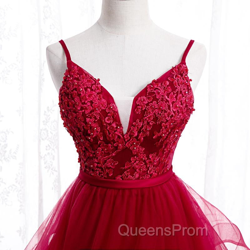 V Neck Burgundy Lace Evening Prom Dress, Wine Red Lace Formal Evening Graduation Dress