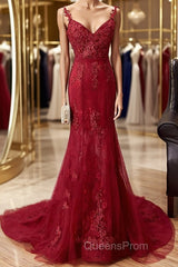 V Neck Burgundy Mermaid Lace Evening Prom Dress, Wine Red Mermaid Lace Formal Bridesmaid Dress