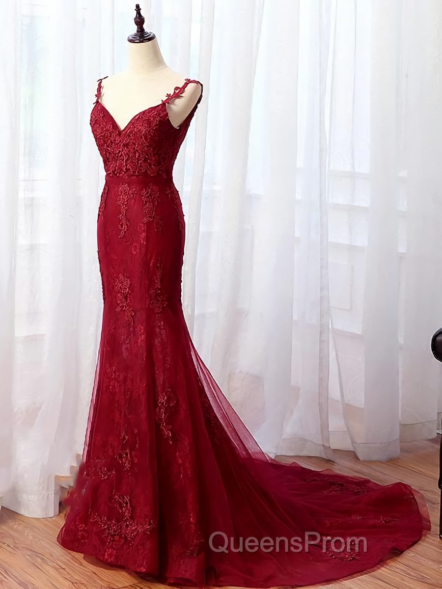 V Neck Burgundy Mermaid Lace Evening Prom Dress, Wine Red Mermaid Lace Formal Bridesmaid Dress