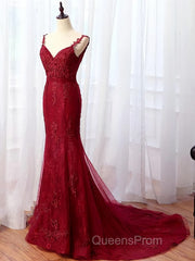 V Neck Burgundy Mermaid Lace Evening Prom Dress, Wine Red Mermaid Lace Formal Bridesmaid Dress
