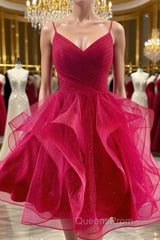 V Neck Burgundy Tulle Short Evening Prom Dress, V Neck Burgundy Homecoming Dress, Burgundy Graduation Formal Evening Dress